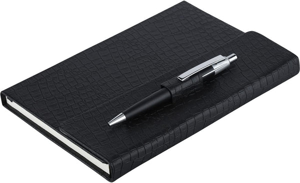 Worldone PU premium Notebook & Classy Metallic Ball Pen in Pen Loop Closure, 80 gsm 224 Natural Shade page Split as 208 Ruled, 8 Graph & 8 Plain Pages, Ideal for corporate use, Size A5, 21x15cm