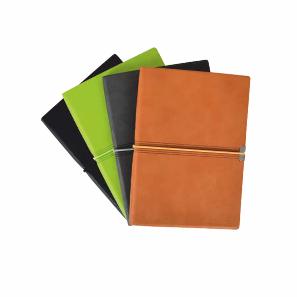 Worldone PU Cover Ingenious Executive Notebook with Horizontal Elastic Band Clousre String, 80 Gsm 224 Natural Shade page, Split as 208 Ruled, 8 Plain & 8 Graph Pages, Ideal for Corporate gifting