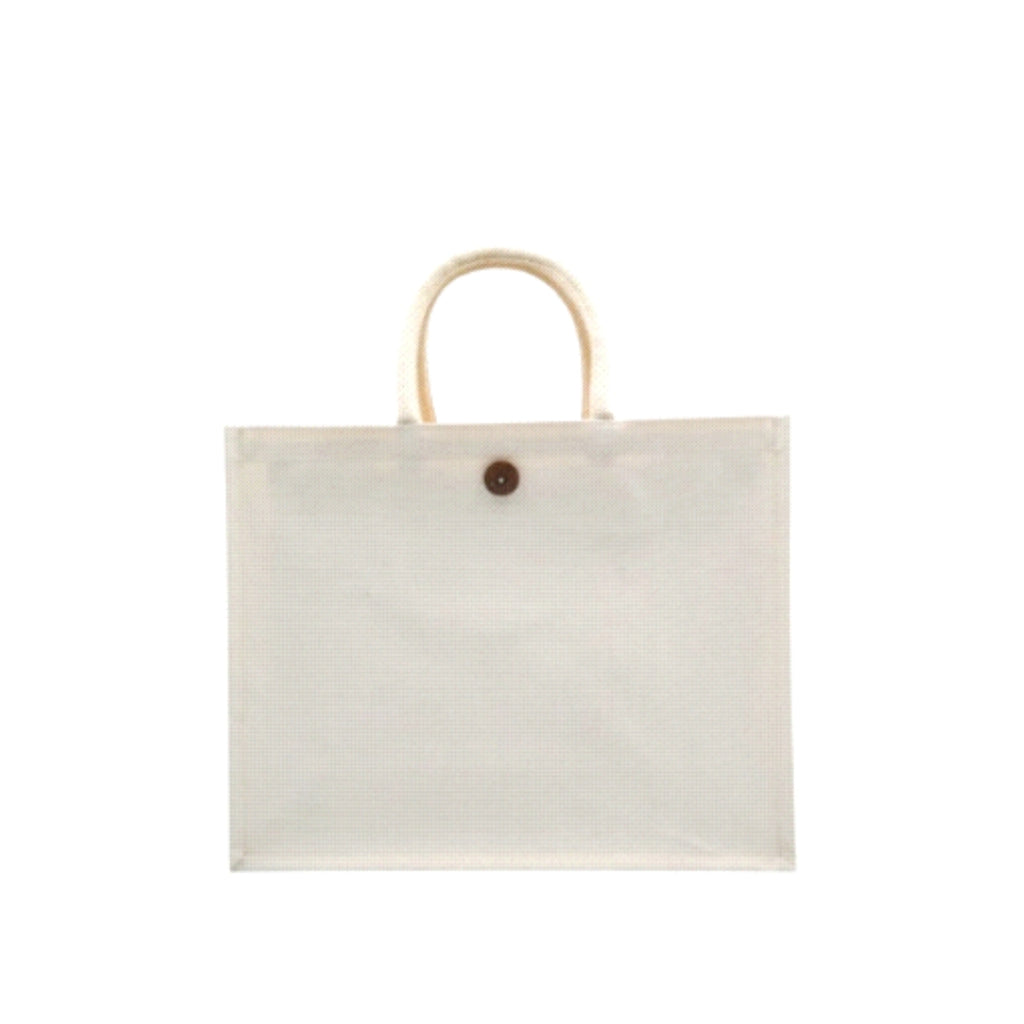 Worldone 310 GSM Laminated Canvas Carry Bag (41 x 33 x 15 cm) with Button Closure | Durable Reusable Shopping Tote for Grocery, Office, Exhibition & Gift Use | Natural White | Pack of 2