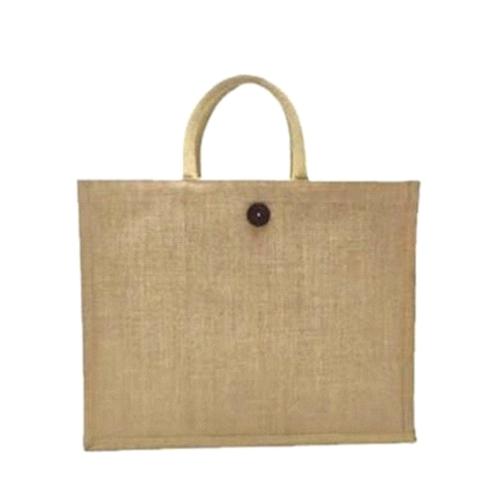 Worldone Laminated Jute Shopping Bag with Button Closure (41 x 33 x 15 cm) | Reusable Eco-Friendly Grocery, Office & Gift Tote Bag with Strong Handles | Natural Brown | Pack of 2