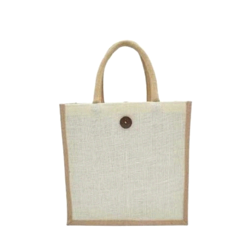 Worldone Dual Color Laminated Jute Carry Bag (30 x 30 x 15 cm) with Button Closure | Reusable Eco-Friendly Shopping Tote for Grocery, Gifts & Exhibitions | Natural Beige & Natural Jute | Pack of 2