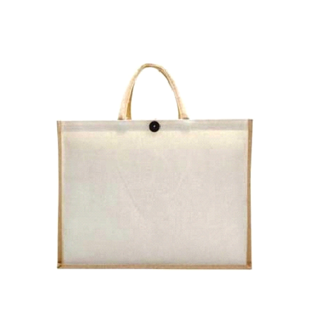 Worldone Laminated Jute Canvas Shopping Bag (36 x 46 x 22 cm) | Natural White & Beige | Button Closure | Reusable Eco-Friendly Tote Bag with Strong Handles | Pack of 2