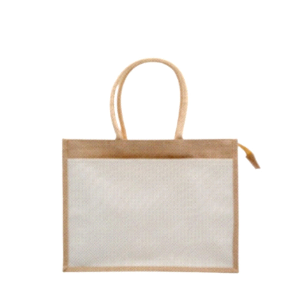 Worldone Laminated Jute Canvas Shopping Bag (43 x 33 x 15 cm) | Dual Color White & Beige | Zip Closure | Reusable Grocery, Gift & Utility Tote Bag with Strong Handles | Pack of 2