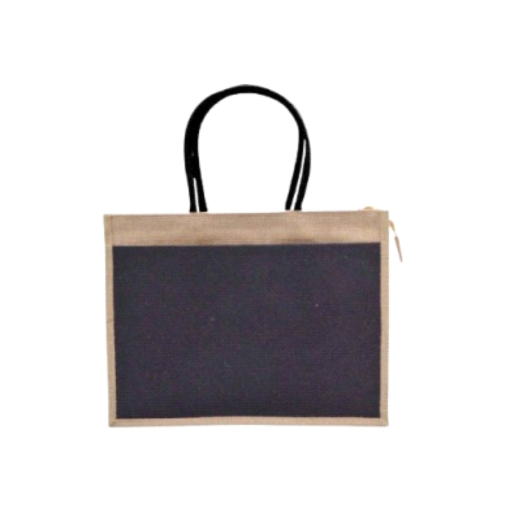 Worldone Laminated Jute Canvas Shopping Bag (43 x 33 x 15 cm) | Dual Color Black & Beige | Zip Closure | Reusable Grocery, Gift & Utility Tote Bag with Strong Handles | Pack of 2