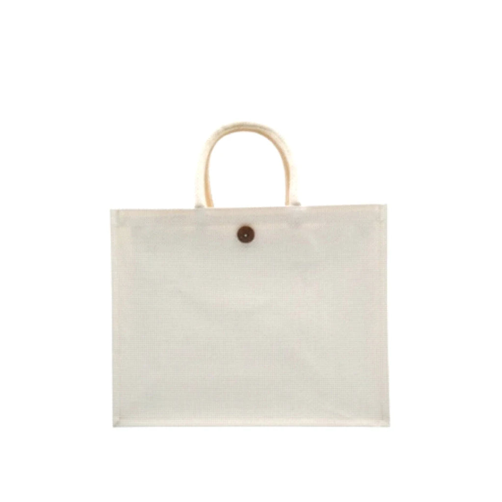 Worldone 310 GSM Laminated Canvas Carry Bag (41 x 33 x 15 cm) with Button Closure | Durable Reusable Shopping Tote for Grocery, Office, Exhibition & Gift Use | Natural White | Pack of 2