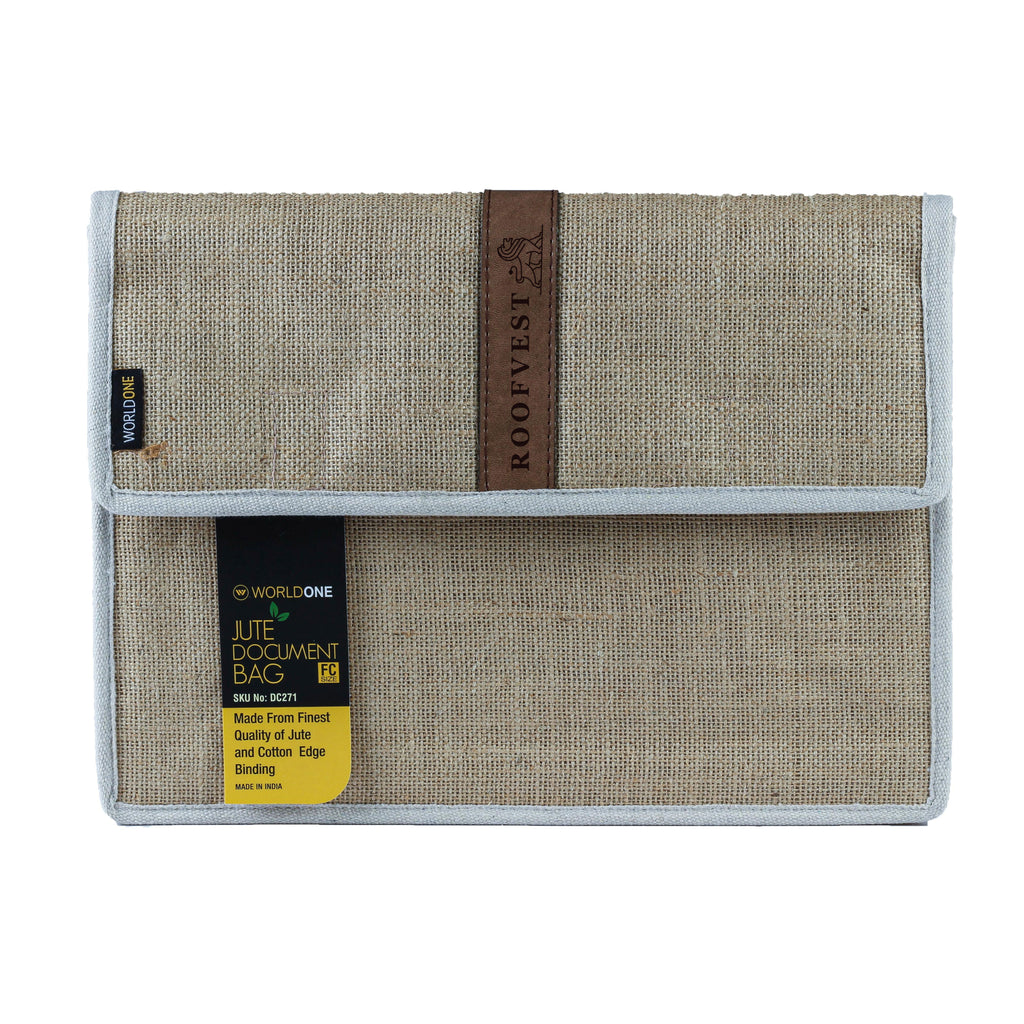 Eco Friendly Handcrafted Spacious, firm Jute Document Bag with Secure Velcro Closure, Cotton Edge Binding, Smooth finish, Size A4 , Pack of 1
