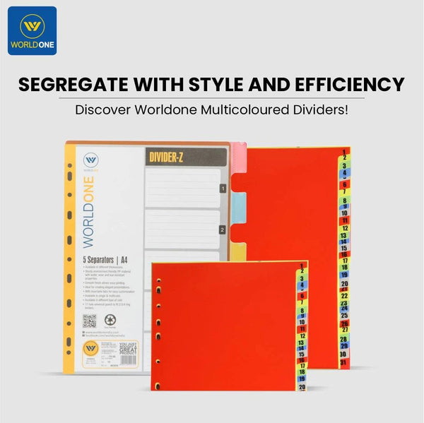 Worldone Multicoloured  Divider with REFILLABLE Tabs, Easy Customisation, Tear Resistant PP Material, Smooth Finish, 11 Universal Punch, 5 Packs of A4 size-10 Separators, Ideal for Presentations