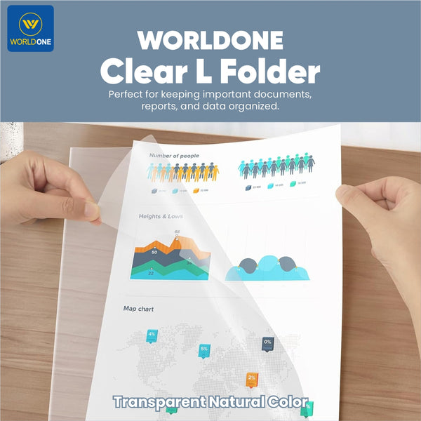 Worldone Clear L Folder, Made of fine Virgin 120 Micron, Ideal for Keeping documents & Data Organised, Color Transparent Natural White, Size A4, Pack of 25 Pieces