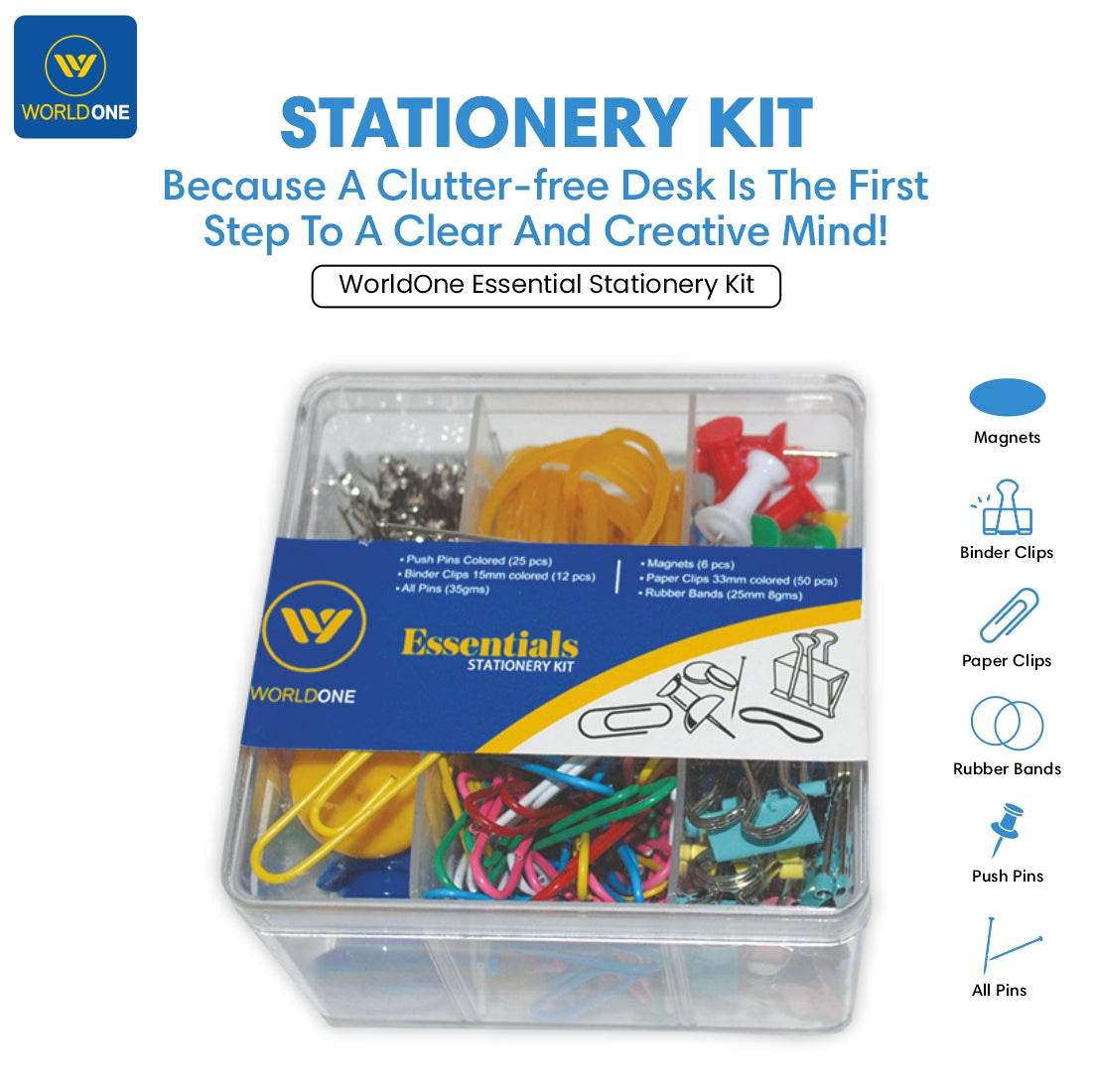 Worldone Essential Stationery Kit with 25 Pcs Colored Push Pins, 12 Bi ...
