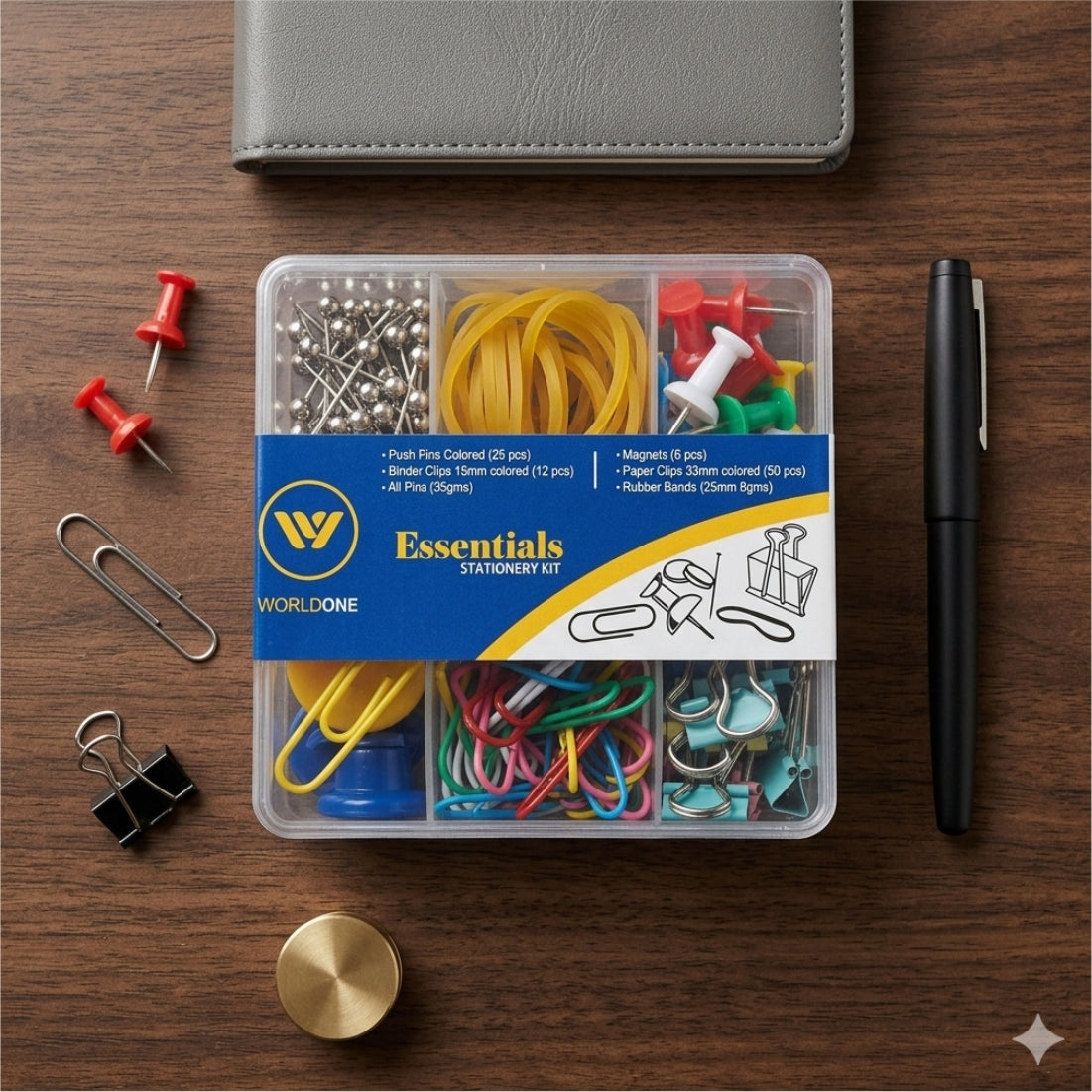Worldone Essential Stationery Kit with 25 Pcs Colored Push Pins, 12 Bi ...