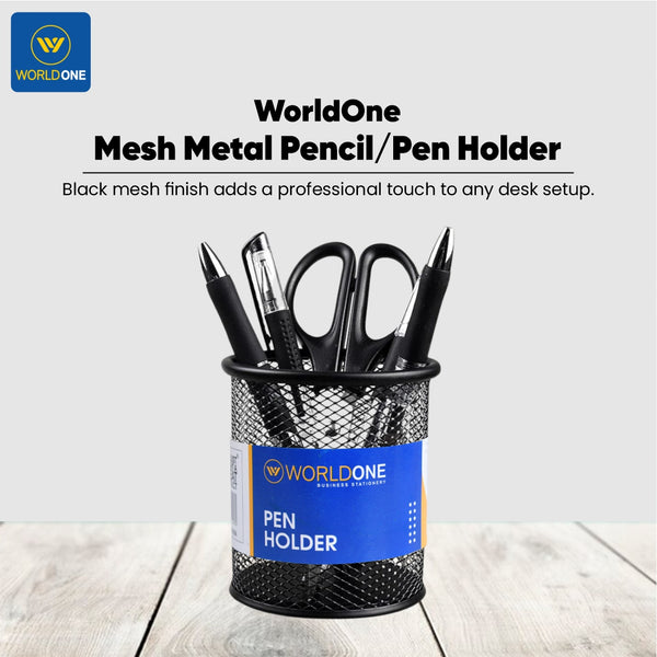 WORLDONE Mesh Pen Holder, Black Metal, Office Desk Organiser (Pack of 4) (Black)