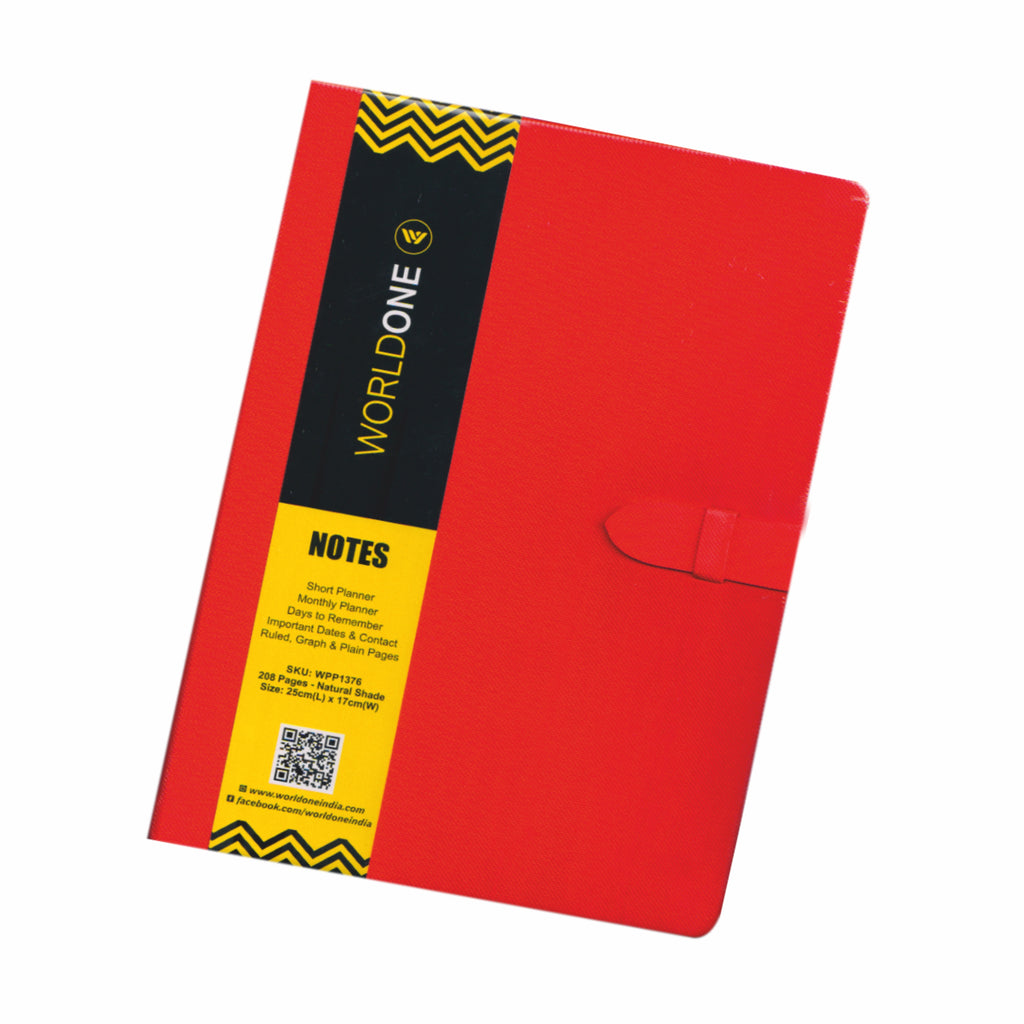 Worldone PU Cover Notebook with Loop Closer, 80 gsm 224 Natural Shade page, Split as 208 Ruled, 8 Plain & 8 Graph Pages, Used as a Planner / Organiser, Ideal for Corporate gifting
