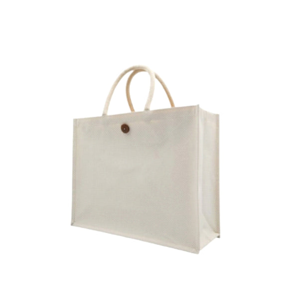 Worldone 310 GSM Laminated Canvas Carry Bag (41 x 33 x 15 cm) with Button Closure | Durable Reusable Shopping Tote for Grocery, Office, Exhibition & Gift Use | Natural White | Pack of 2
