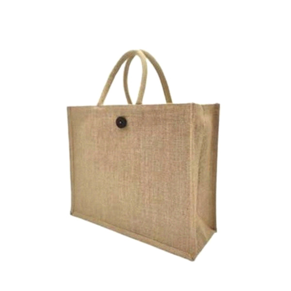 Worldone Laminated Jute Shopping Bag with Button Closure (41 x 33 x 15 cm) | Reusable Eco-Friendly Grocery, Office & Gift Tote Bag with Strong Handles | Natural Brown | Pack of 2