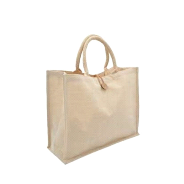 Worldone Laminated Juco Shopping Bag (41 x 33 x 15 cm) | Reusable Eco-Friendly Grocery, Office & Gift Tote Bag with Button Closure & Strong Handles | Natural Beige | Pack of 2