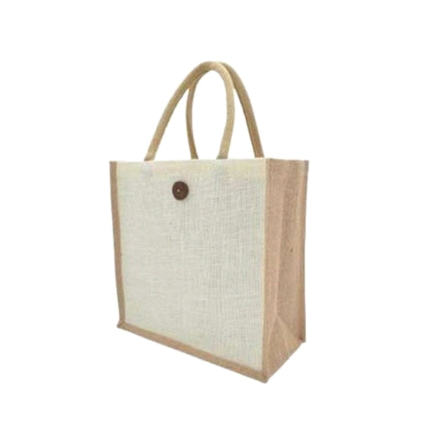 Worldone Dual Color Laminated Jute Carry Bag (30 x 30 x 15 cm) with Button Closure | Reusable Eco-Friendly Shopping Tote for Grocery, Gifts & Exhibitions | Natural Beige & Natural Jute | Pack of 2