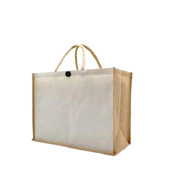 Worldone Laminated Jute Canvas Shopping Bag (36 x 46 x 22 cm) | Natural White & Beige | Button Closure | Reusable Eco-Friendly Tote Bag with Strong Handles | Pack of 2
