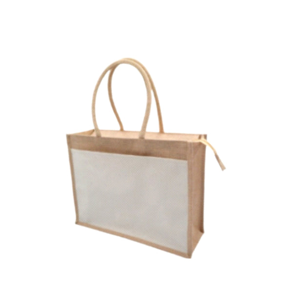 Worldone Laminated Jute Canvas Shopping Bag (43 x 33 x 15 cm) | Dual Color White & Beige | Zip Closure | Reusable Grocery, Gift & Utility Tote Bag with Strong Handles | Pack of 2