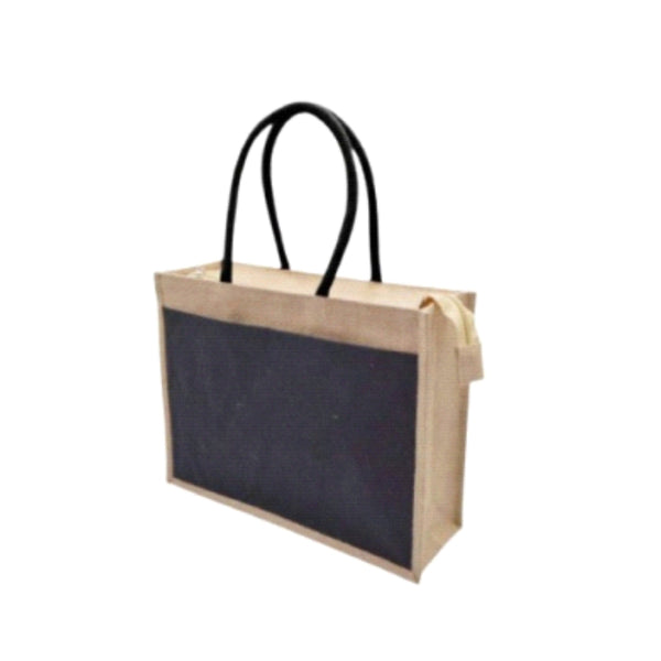 Worldone Laminated Jute Canvas Shopping Bag (43 x 33 x 15 cm) | Dual Color Black & Beige | Zip Closure | Reusable Grocery, Gift & Utility Tote Bag with Strong Handles | Pack of 2