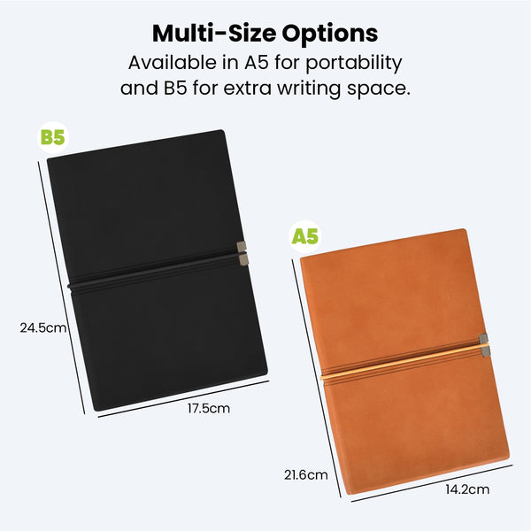 Worldone PU Cover Ingenious Executive Notebook with Horizontal Elastic Band Closure String, 80 Gsm 224 Natural Shade page, Split as 208 Ruled, 8 Plain & 8 Graph Pages, Ideal for Corporate gifting