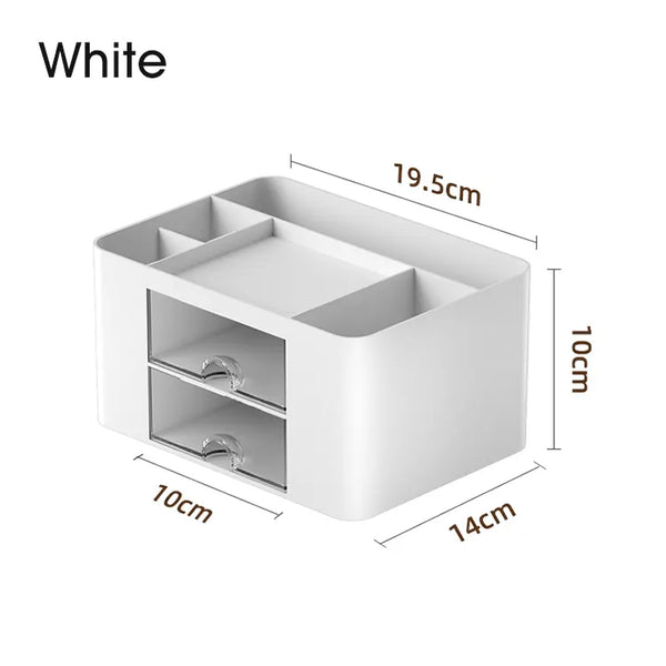 WORLDONE Desk Organizer with 2 Drawers, Multi-Compartment Storage Box for Pens, Pencils, Markers, Stationery & Office Accessories, Desktop Holder for Home, Study & Work Desk, White, 19.5 × 14 × 10 cm