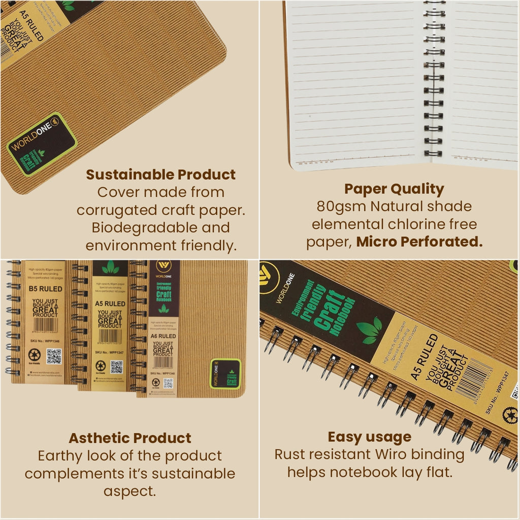 Worldone Green Stationery Nature Series Wiro Craft Hard Bound