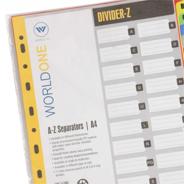 Worldone Multicoloured Divider, A-Z Marked Tabs for Easy Customisation, Tear Resistant PP Material, Smooth Finish, 11 Universal Punch, 2 Packs of A4 size-21 Separators, Ideal for Presentations