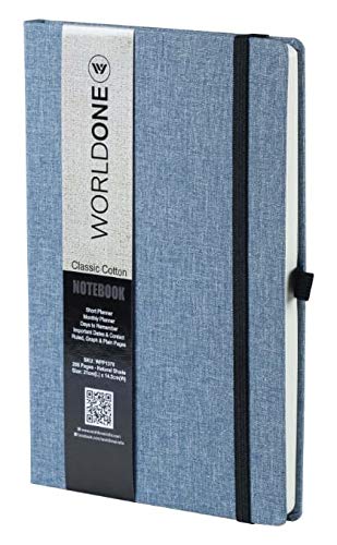 Worldone Cotton finish Cardboard Cover Classic Journal Notebook with 80 gsm 224 Natural Shade, Pages, 8 plain,8 Graph & ruled 208 Pages, Elastic Closure, Ideal for Corporate gifting, Color as Per the stock Availability (Blue, Brown & Grey)