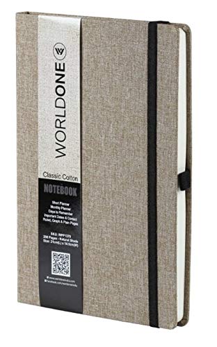 Worldone Cotton finish Cardboard Cover Classic Journal Notebook with 80 gsm 224 Natural Shade, Pages, 8 plain,8 Graph & ruled 208 Pages, Elastic Closure, Color as Per Availability