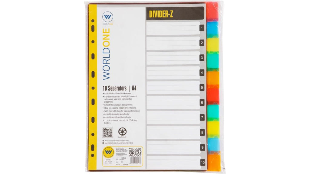 Worldone 10 Dividers in Multicolor with Insertable Tabs A-Z for easy customization, PP Material Tear Resistant, Smooth Finish, 11 Universal Punch to Fit 2,3 & 4 Ring Binder, Ideal for Creating elegant Presentations, Size A4