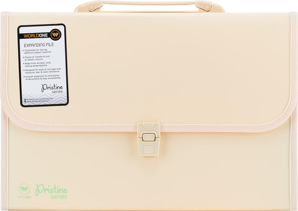 Worldone Expanding File Folder with Handle & Lock, 13 Indexed Pocket for Documents Sorting Durable Long Lasting PP 0.7 mm Outer Cover Sheet 0.2 mm Inner Partition sheets, FC Size