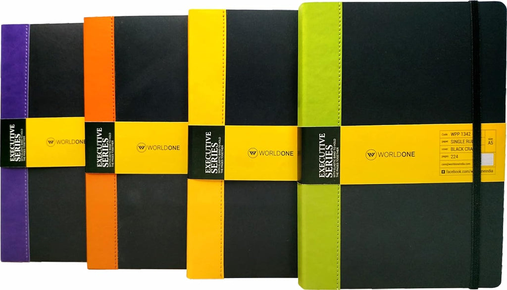 Worldone Pu Craft Soft Bound Executive Notebook with Border 70 gsm Acid Free Bright Unruled 224 Pages, with Elastic Band to Hold Pages together, Plain notebooks are great for journaling, Assorted Color As Per Stock Availability Size A5