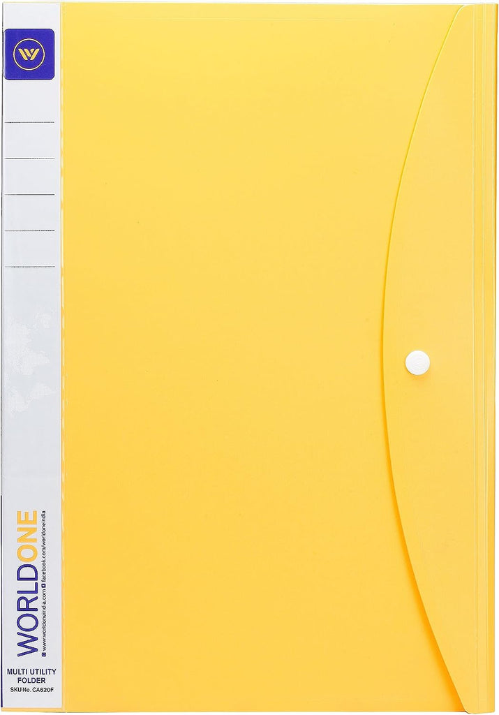 Worldone Multi Utility Folder for Document Organiser with 40 Bound Top Loading Sleeves, 0.75 mm Virgin PP Sheet, Snap Button, Project Folder for Individuals & Offices Size FC Radiant Yellow Pack of 2