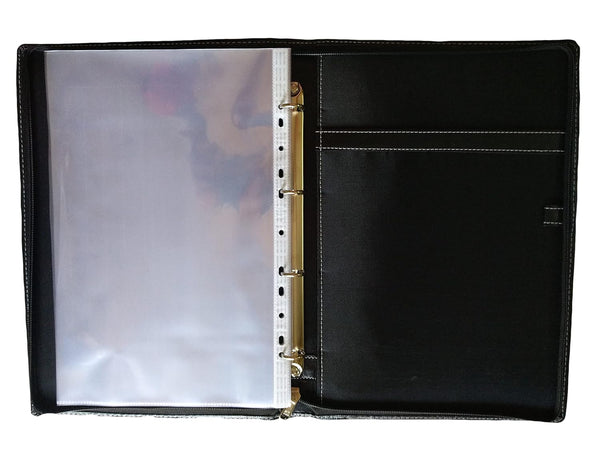 Worldone Executive Folder for Documents with 10 Leaves, 4 Rings Clip That Holds Leaves Securely, Leatherite Cover, Multiple Compartments for Keeping Loose Papers & Credit Cards, Size FC