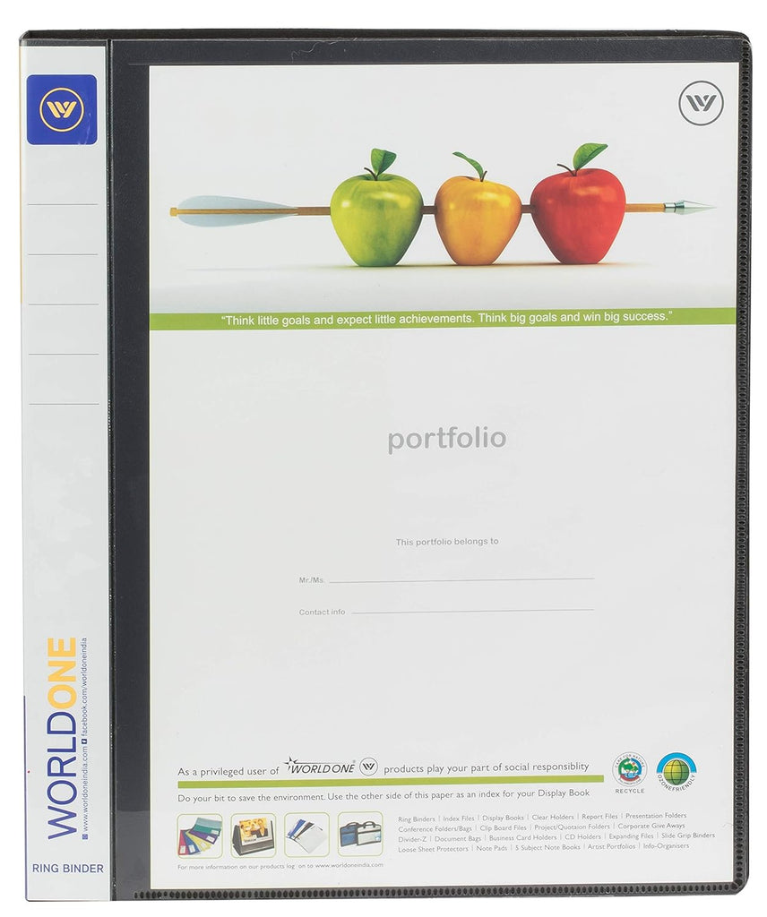 Worldone 2D Ring Binder File for Documents 25mm Chrome Plated Clip with Plastic stopper, 1.2mm pp sheet, Front View Pocket to Insert Title/ Theme, Spine Label, Size A4