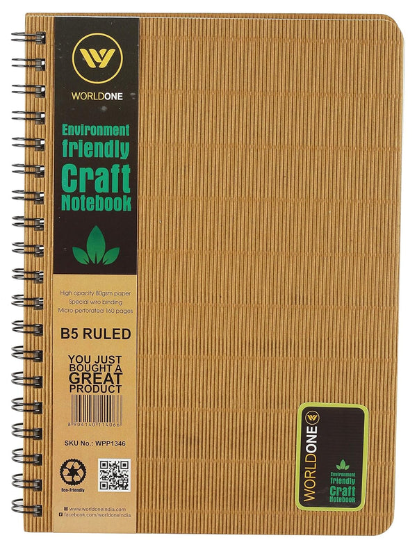 Worldone Green Stationery Nature Series Wiro Craft Hard Bound Notebook with 80 gsm Micro Perforated Single Ruled 160 Pages, Eco friendly Paper, use for Writing Quick Notes, Color Craft