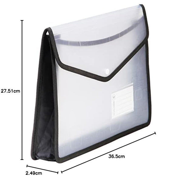 Worldone Flexi Document Bag Button Folder with Name Card Pocket, Machine Fitted Snap Button, Edge Binding, Cross line PP for Durability Expandable Design, FC Size, Transparent Black, Pack of 3