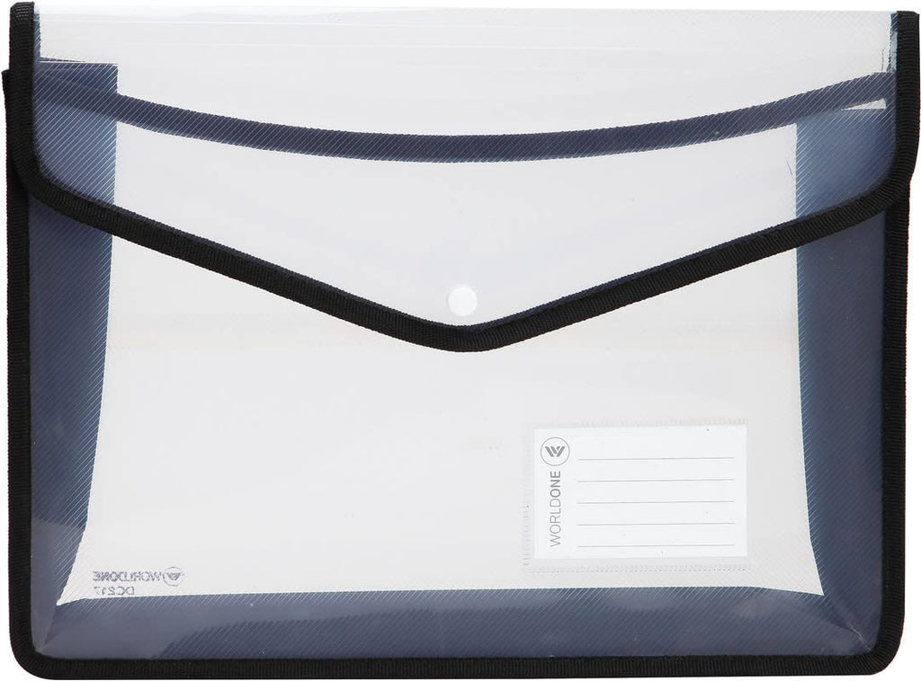 Worldone Flexi Document Bag Button Folder with Name Card Pocket, Machine Fitted Snap Button, Edge Binding, Cross line PP for Durability Expandable Design, FC Size, Transparent Black, Pack of 3