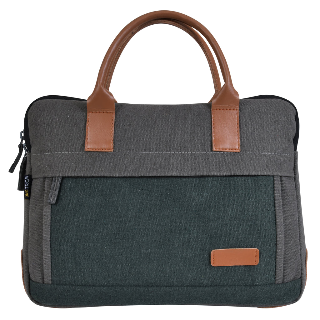 Worldone Canvas Office Laptop Bag, fits up to 15.6" Laptop/ Mac Book, Contrast PU Leather handles, Sustainable for Office, Travel, Ideal for Professionals-men & women
