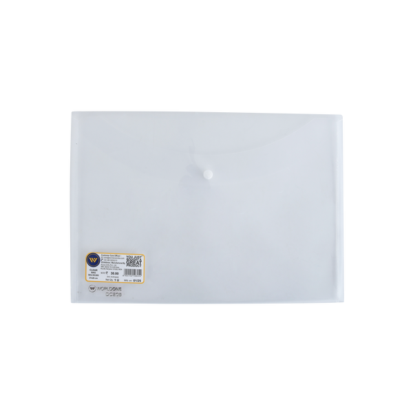 Worldone Clear Plain Envelope My Button Bag for Document with 0.2mm PP sheet, Machine Fitted Snap Button with Back Fold Sealing for Extra Strength