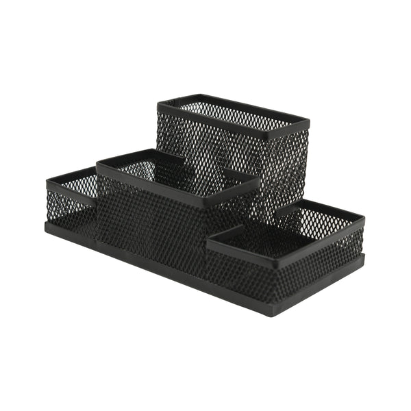 Worldone Powder Coated Metal Mesh Desk Organizer | Multipurpose Stationery Holder with Pen Stand & Tape Dispenser | Anti-Rust Storage for Home, Office & Study | Black | Pack of 1