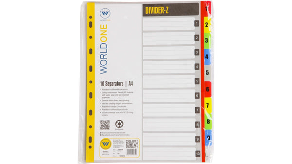 Worldone Divider, 1-10 Marked Multicoloured Tabs for Easy Customisation, Tear Resistant PP Material, Smooth Finish, 11 Universal Punch, 5 Packs of A4 size-10 Separators, Ideal for Presentations