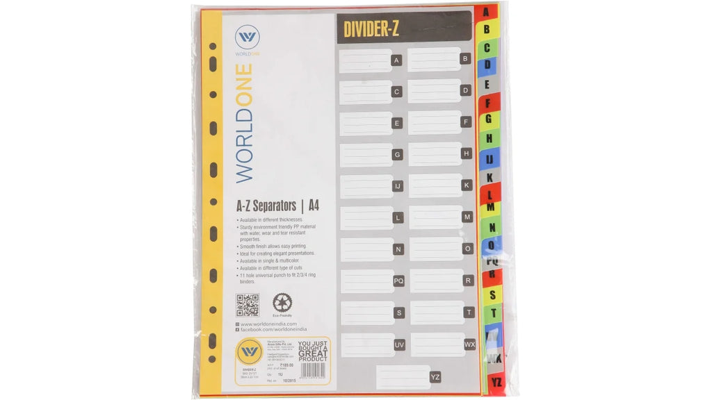 Worldone Multicoloured Divider, A-Z Marked Tabs for Easy Customisation, Tear Resistant PP Material, Smooth Finish, 11 Universal Punch, 2 Packs of A4 size-21 Separators, Ideal for Presentations