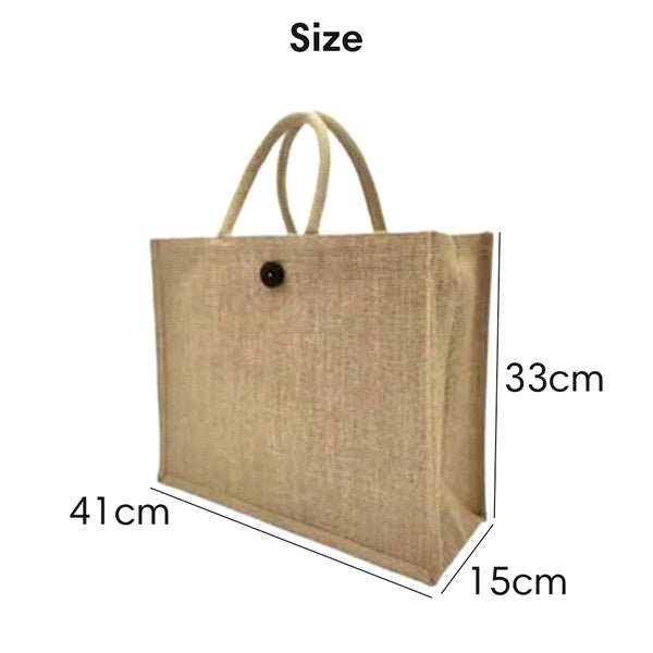 Worldone Laminated Jute Shopping Bag with Button Closure (41 x 33 x 15 cm) | Reusable Eco-Friendly Grocery, Office & Gift Tote Bag with Strong Handles | Natural Brown | Pack of 2