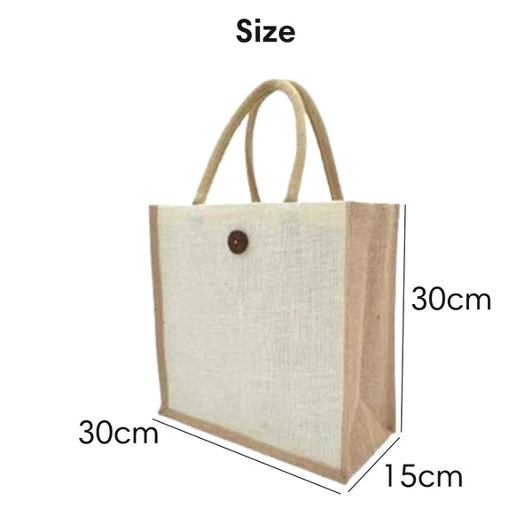 Worldone Dual Color Laminated Jute Carry Bag (30 x 30 x 15 cm) with Button Closure | Reusable Eco-Friendly Shopping Tote for Grocery, Gifts & Exhibitions | Natural Beige & Natural Jute | Pack of 2