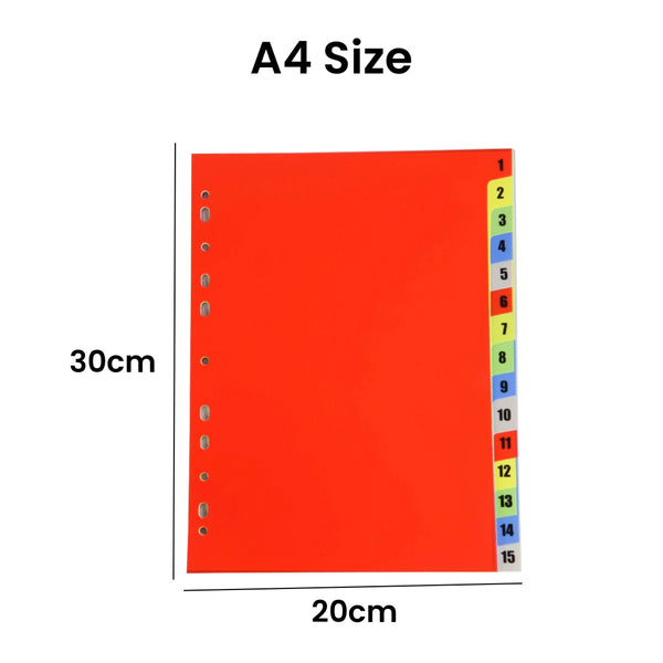 Worldone Multicoloured Divider, 1-15 Marked Tabs for Easy Customisation, Tear Resistant PP Material, Smooth Finish, 11 Universal Punch, 2 Packs of A4 size-15 Separators, Ideal for Presentations (Pack of 2)