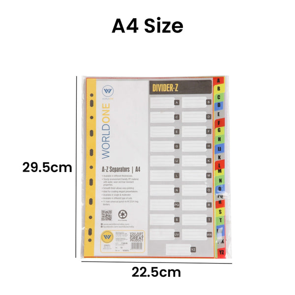 Worldone Multicoloured Divider, A-Z Marked Tabs for Easy Customisation, Tear Resistant PP Material, Smooth Finish, 11 Universal Punch, 2 Packs of A4 size-21 Separators, Ideal for Presentations
