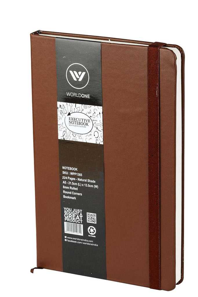 Worldone PU Leather Finish Card Board Cover Executive Notebook with 80 gsm, Acid Free Natural Shade 224 Pages, Elastic Closure Journal, Ideal for Corporate gifting, Assorted Color As Availablity, Pack of 1