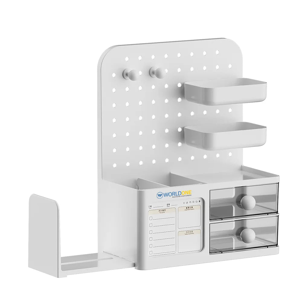 WORLDONE Desktop Organizer with 2 Key Hooks, Pegboard, 2 Drawers, Storage Trays & Book Holder, Multi-Compartment Stationery Organizer for Pens, Notebooks, Office Supplies & Accessories, White (31.5 × 11 × 27.8 cm)