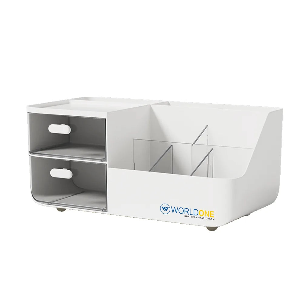 WORLDONE Desktop Organizer with 2 Drawers, Multi-Compartment Tabletop Storage Box for Stationery, Pens, Office Supplies, Cosmetics & Small Accessories, Desk Holder for Home, Office & Study, White (27.5 × 17.5 × 12.5 cm)